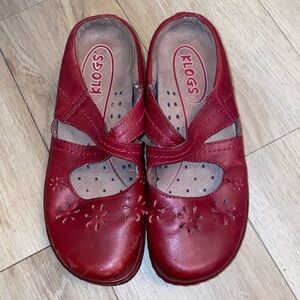 KLOGS - red leather slip on clogs  size 7.5 w wide / floral